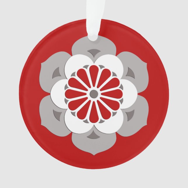 Ornamento Lotus Flower Mandala, Vermelho Escuro, Cinzas e Br (Frente)