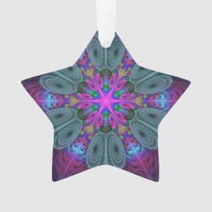 Ornamento Mandala - Arte Fractal Colorida Com Estrela Rosa