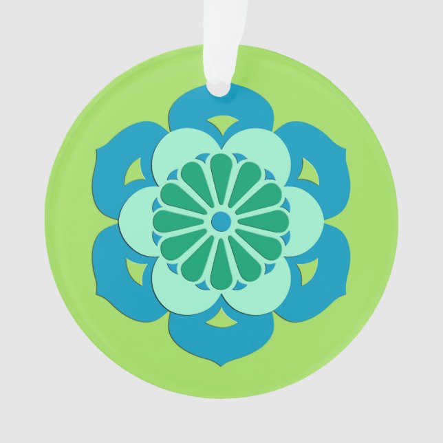 Ornamento Mandala da Flor de Lótus, Verde Lima e Azul Claro (Frente)