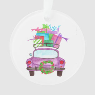 Ornamento Mão pintada de aquarela Carro de Natal