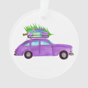Ornamento Mão pintada de aquarela Carro de Natal
