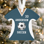 Ornamento Marinho Uniforme da Equipe de Esporte de Jersey<br><div class="desc">Ornamento Uniforme de Marinhos do Soccer Jersey Sports Team. Este ornamento de camisa de futebol é perfeito para qualquer um que pratica esportes escolares ou ama assistir esportes. Personalize este design personalizado com o seu próprio nome de equipe e número de camisa.</div>