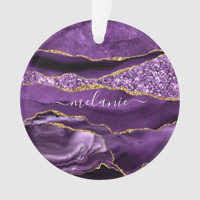Ornamento Mármaco Dourado Roxo Marble Seu Nome Ornament (Frente)