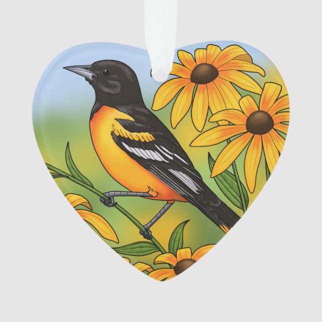 Ornamento MD State Bird Oriole e Susan Flower de olhos negro (Frente)