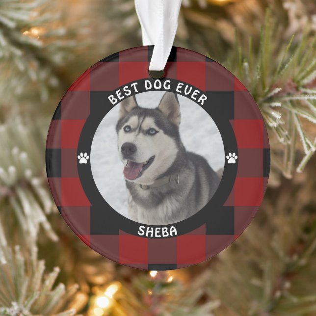 Ornamento MELHOR CÃO DE TODOS Xadrez Vermelho Personalizado (Árvore)