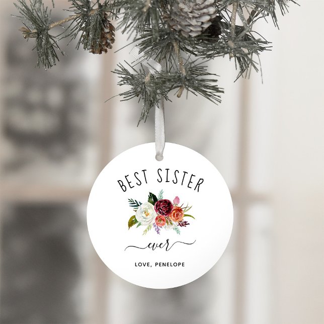 Ornamento Melhor Irmã Nunca | Burgundy Boho Foto Floral (This simple and sweet holiday ornament is the perfect Christmas keepsake for your sister)