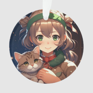 Ornamento Menina Anime Fofa Segurando um Gatinho Natal