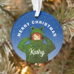 Ornamento Menina com Capuz de Sapo Verde Desenho Natal