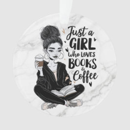 Ornamento Menina que ama livros e café personalizado preto e