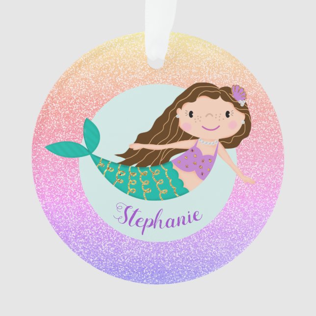 Ornamento Mermaid Rainbow Glitter Girly Personated Name (Frente)