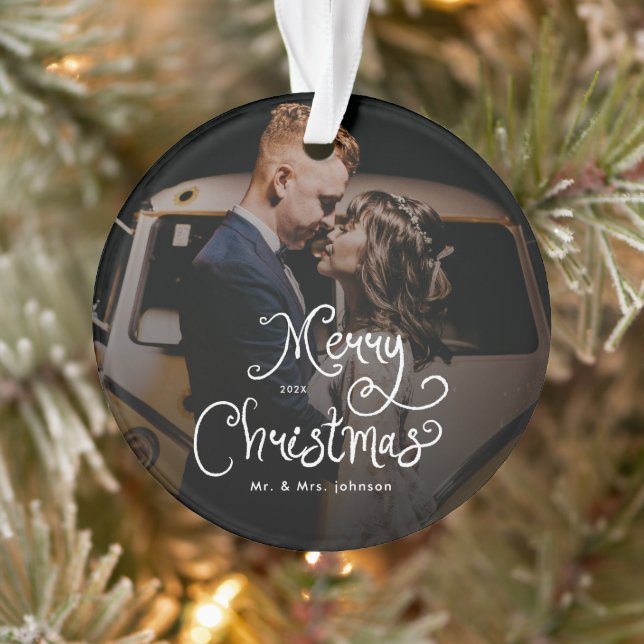 Ornamento Merry Christmas Whimsical Script  Custom Photo  (Árvore)