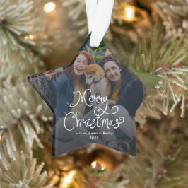 Ornamento Merry Christmas Whimsical Script Family Photo Dog