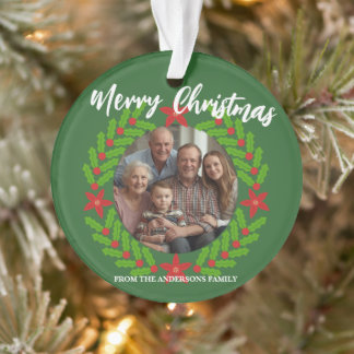 Ornamento Merry Christmas Wreath Photo Holiday Family Name
