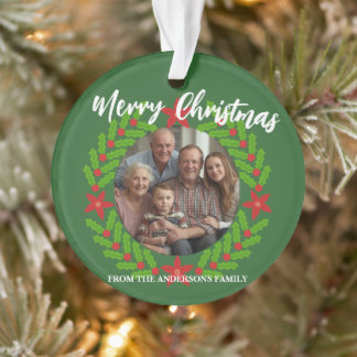 Ornamento Merry Christmas Wreath Photo Holiday Family Name