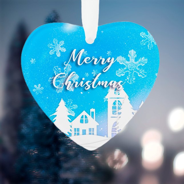 Ornamento Merry Xmas Ano Novo 2023 Casa Branca Azul Neve (Criador carregado)