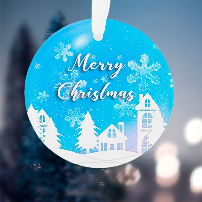 Ornamento Merry Xmas Ano Novo 2023 Casa Branca Azul Neve (Criador carregado)
