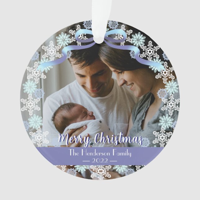 Ornamento Merry Xmas Family Photo Name Light Blue Purple (Frente)
