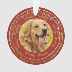 Ornamento Meu Pet Foto Dourada Berry Wreath Crimson Natal