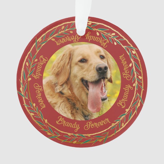 Ornamento Meu Pet Foto Dourada Berry Wreath Crimson Natal (Frente)