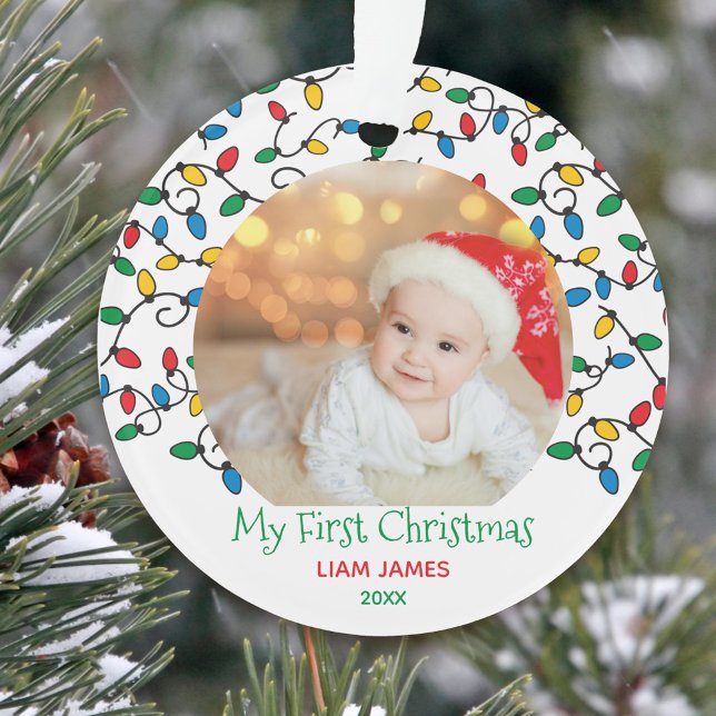 Ornamento Meu Primeiro Natal Luz de Natal Foto do Bebê (Baby's first christmas photo ornament keepsake)