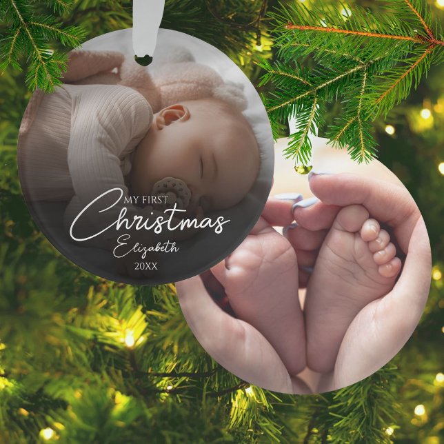 Ornamento Meu Primeiro Script Elegante De Fotos De Bebê De N (My First Christmas Baby Photos Elegant Script Ornament)