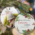 Ornamento Milestone 1rua de Rustic Baby Foto de Natal<br><div class="desc">O marco deste adorável bebê no primeiro ornamento de Natal tem um talento rústico chic, com uma base de madeira e uma simples coroa nas costas. Personalize-o com a sua precioso pequena, assim como o nome e o ano atrás. As palavras " Melhor Presente Nunca" foram desenhadas na tipografia moderna...</div>
