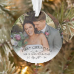Ornamento Mistletoe Twig Primeiro Natal Sr. e Sra. Photo<br><div class="desc">Ornamento fotográfico comemorando seu primeiro Natal como Sr. & Sra. personalizado com foto, sobrenome e o ano com um bonito ramo de condecoração. Primeiro ornamento de fotos de Natal personalizado com fotos de casamento. Primeiro Natal como um ornamento fotográfico casado com um bonito galho com um mistério preto e branco....</div>