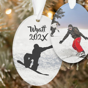Ornamento Modelo de foto oval do filho praticando snowboardi