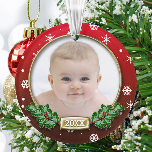 Ornamento Modelo de Foto Primeiro Natal do Bebê (Vermelho)