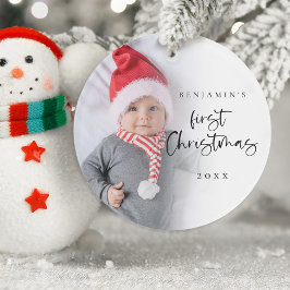 Ornamento Modern Baby First Christmas Name Year Photo
