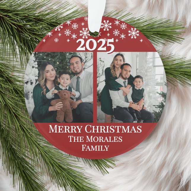 Ornamento Modern Elegant 2 Photo Red Keepsake Family (modern elegant 2 photo keepsake family 2 sided custom ornament for parents grandparents )