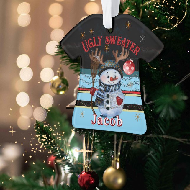 Ornamento Moletom Feio Personalizado - Natal Com Neve (Custom Ugly Sweater- Antlered Snowman Christmas Ornament)