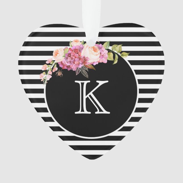 Ornamento Monograma Black & White Stripes Heart (Frente)