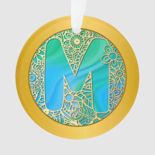 Ornamento Monograma Inicial M Natal - Dourado, Turquesa & Az