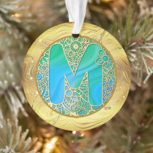 Ornamento Monograma Inicial M Natal - Dourado, Turquesa & Az