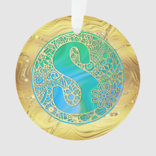 Ornamento Monograma Inicial S Natal - Dourado, Turquesa & A