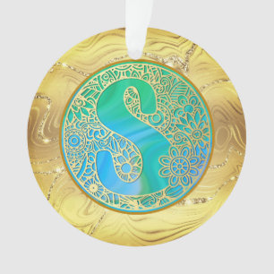 Ornamento Monograma Inicial S Natal - Dourado, Turquesa & A