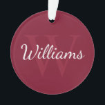 Ornamento Monograma Personalizado e Nome Vermelho Borgonha<br><div class="desc">Monograma Personalizado e Dif de Nome Contém o nome personalizado no estilo de fonte e monograma do script branco no estilo de fonte vermelho-burgundy como fundo, em fundo vermelho-burgundy. Perfeito para feriado, reagrupamento familiar e quaisquer ocasiões especiais.</div>
