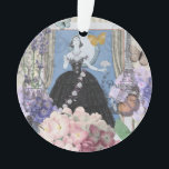 Ornamento Mulher Elegante Azul Vestido Floral Chique<br><div class="desc">Um rico tema da era vitoriana,  uma colagem que inclui a ilustração de moda de George Barbier dos anos 1920,  e colada junto com imagens vitorianas,  incluindo flores,  borboletas,  a Torre Eiffel e um fundo de William Morris.</div>