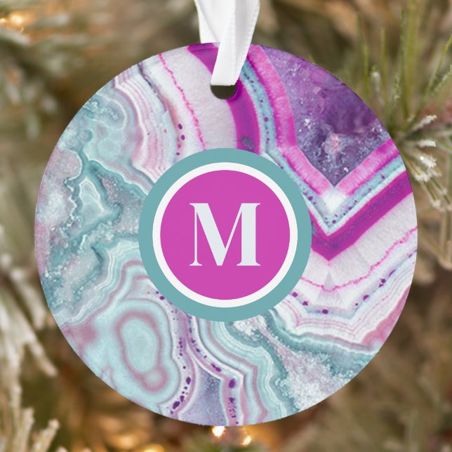 Ornamento Na moda Elegante Monograma Inicial Natal (Modern Teal Magenta Pink Agate Initial Monogram Ornament)