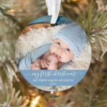 Ornamento Na moda Script My First Christmas Baby Blue<br><div class="desc">Elegante Na moda Trendy Roteiro Meu Primeiro Bebê Foto de Natal Ornamento Azul Claro com Flocos de Neve de volta</div>