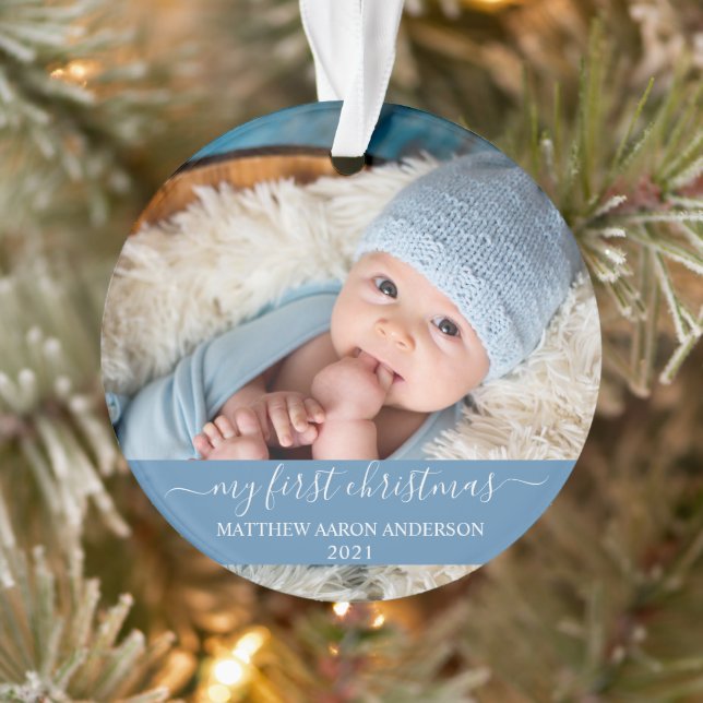 Ornamento Na moda Script My First Christmas Baby Blue  (Árvore)