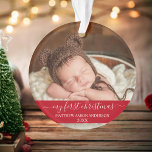 Ornamento Na moda Script My First Christmas Baby Red<br><div class="desc">Elegante Na moda Trendy Roteiro Meu Primeiro Bebê Foto de Natal Ornamento Vermelho com Flocos de Neve de volta</div>