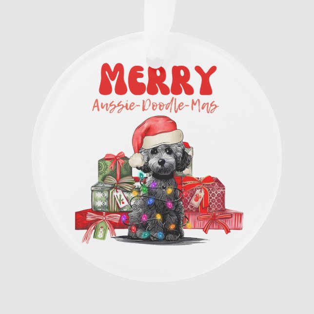Ornamento Natal de Aussie Doodle - Feliz Aussie-Doodle-Mas (Frente)