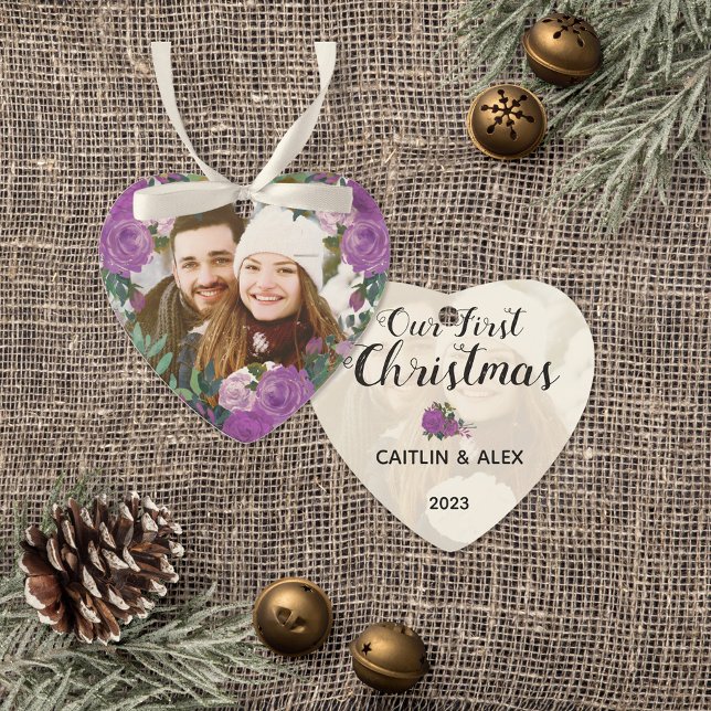 Ornamento Natal do Casal de Rosas Roxo com Aquarela (Romantic Dated First Christmas Ornament Keepsake with Whimsical Typography and Purple Roses)