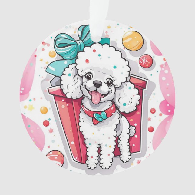 Ornamento Natal do Poodle Branco do Estilo Retro (Frente)