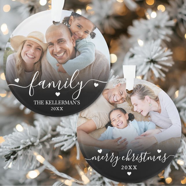 Ornamento Natal Familiar de Duas Faces com Duas Fotos (Double Sided Two Photo Family Christmas Ornament )