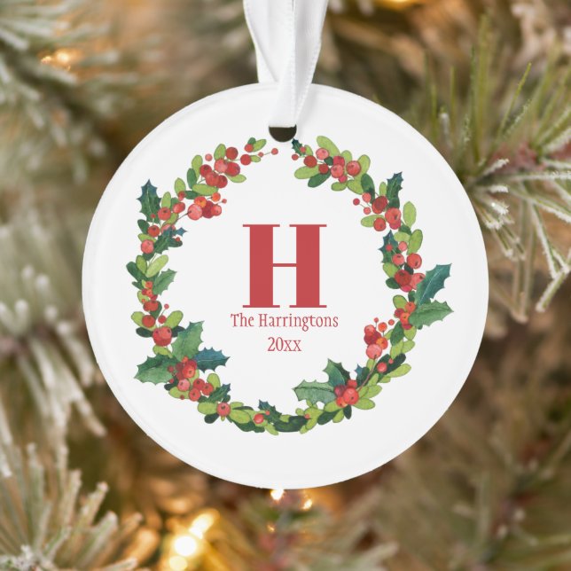 Ornamento Natal Holly Wreath Monograma Personalizado