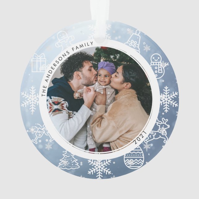 Ornamento Natal Snowy Dois Nomes Lados e Foto do Ano Orname (Verso)