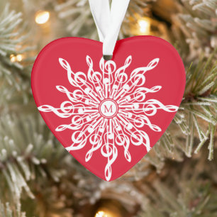 Ornamento Natal Vermelho Branco G-Clef Snowflake Monograma